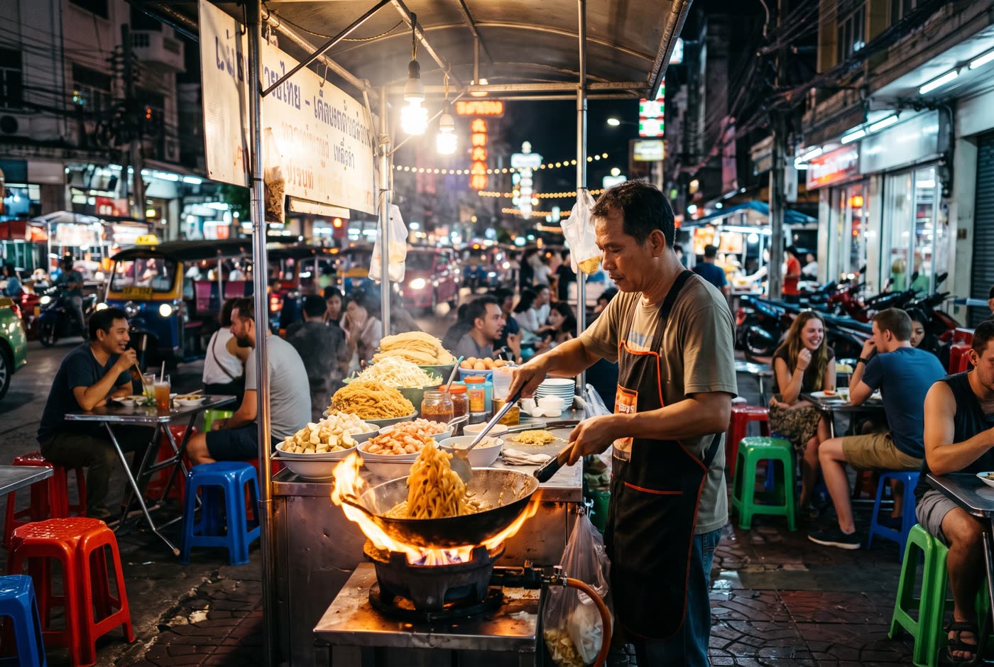 Pad thai from a wok at a Bangkok night stall (AI-generated image)