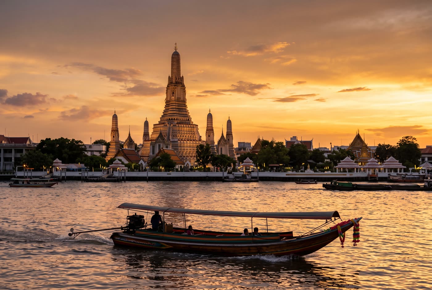 Wat Arun at sunset from the Chao Phraya river (AI-generated image)