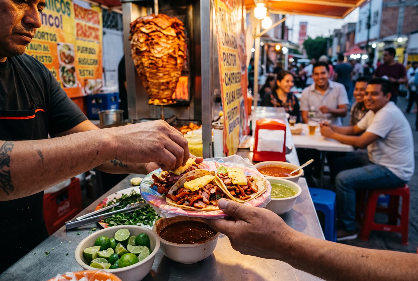 Tacos al pastor at a Mexican street stall (AI-generated image)
