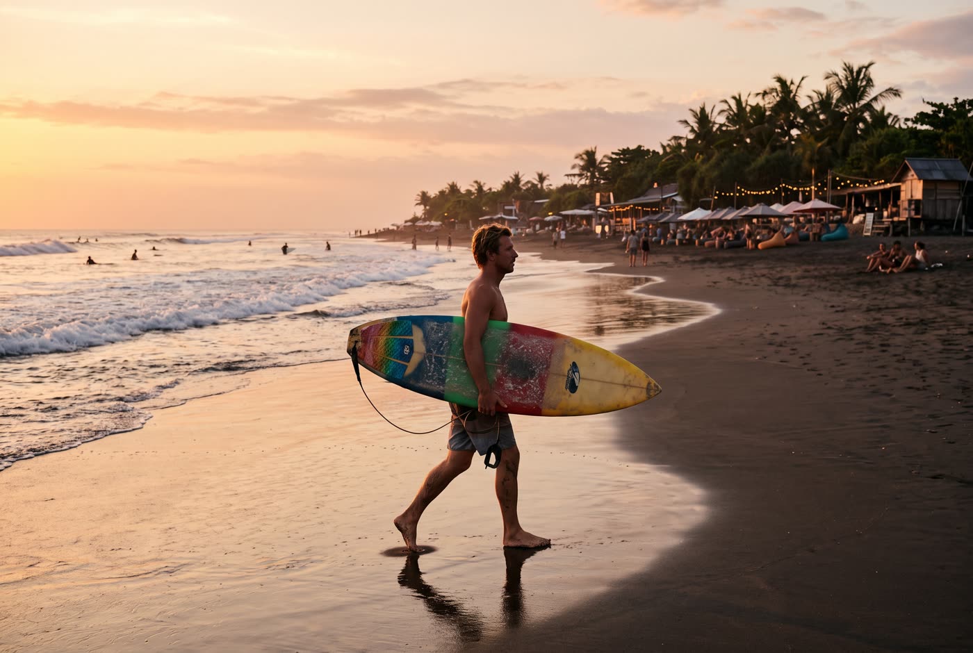 A surfer at sunset on Canggu beach, Bali (AI-generated image)