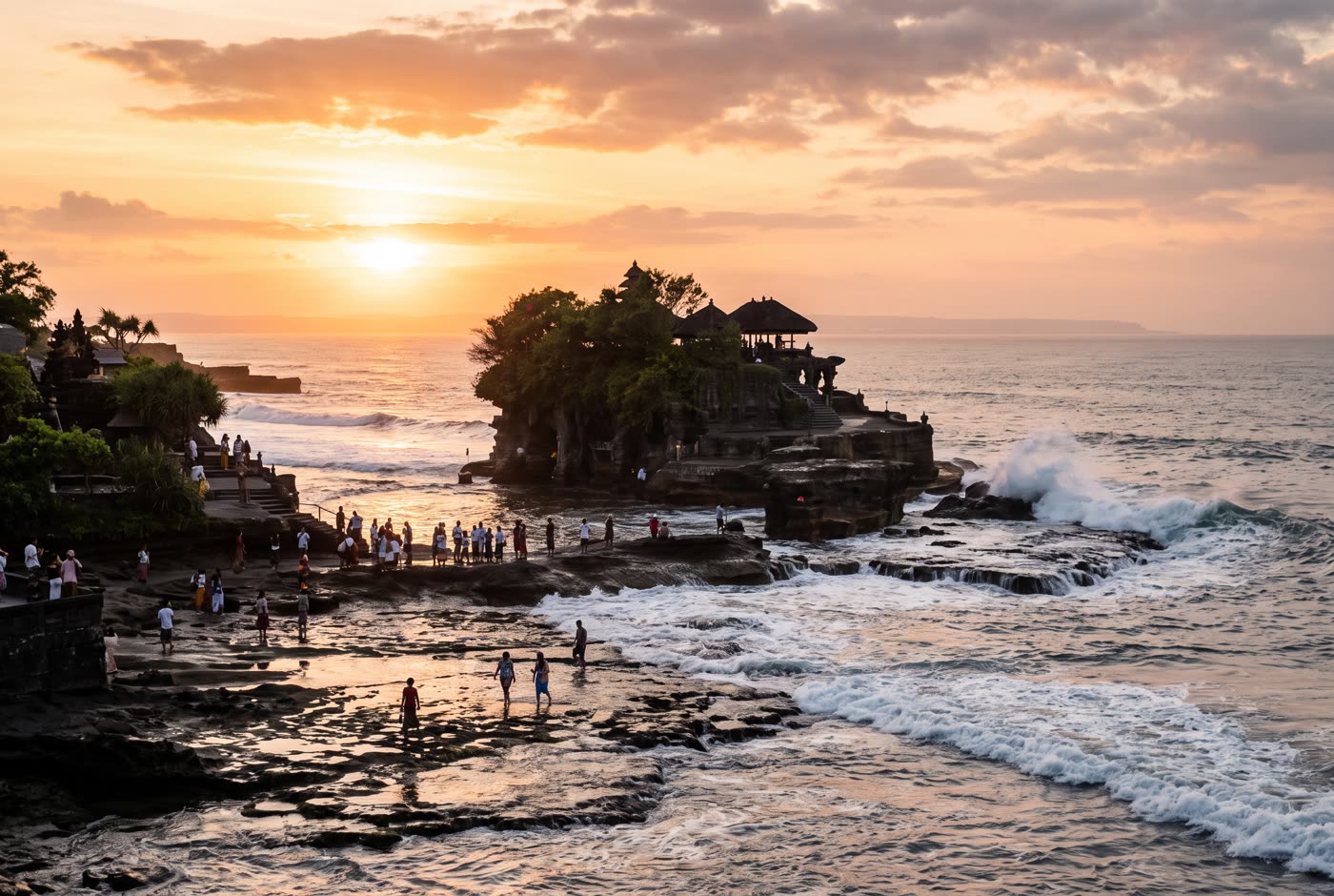 Tanah Lot temple on its rock at sunset (AI-generated image)