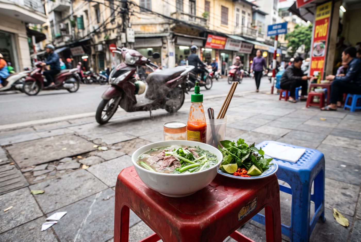 Beef pho on a Hanoi street corner in the morning (AI-generated image)