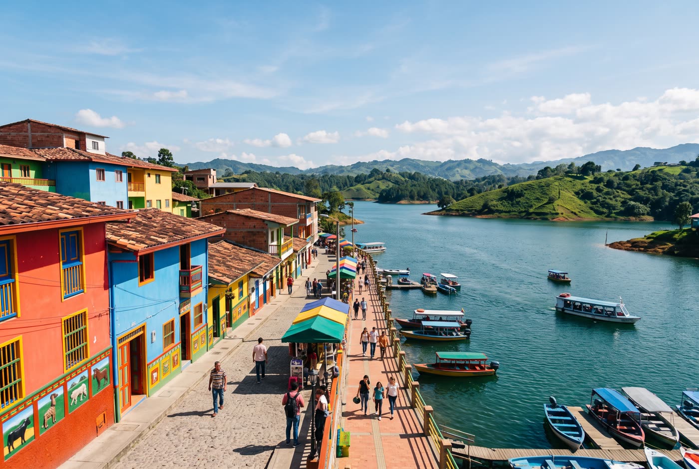Colourful houses and the lake at Guatapé near Medellín (AI-generated image)
