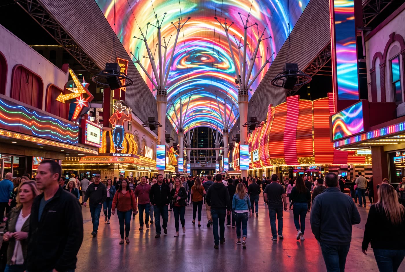 Fremont Street in Downtown Las Vegas at night (AI-generated image)
